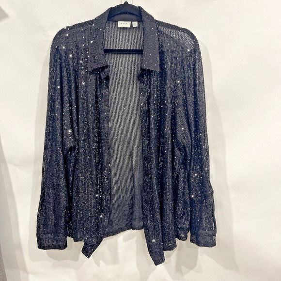 Vila Women Plus 2XL Black Sequin Blouse Button Up Collar Long Sleeve Party Shirt - Picture 1 of 10